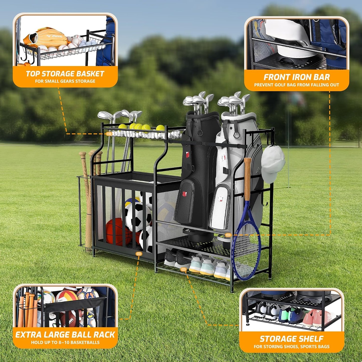Organiz. deportivo para garaje con 2 bolsas de golf