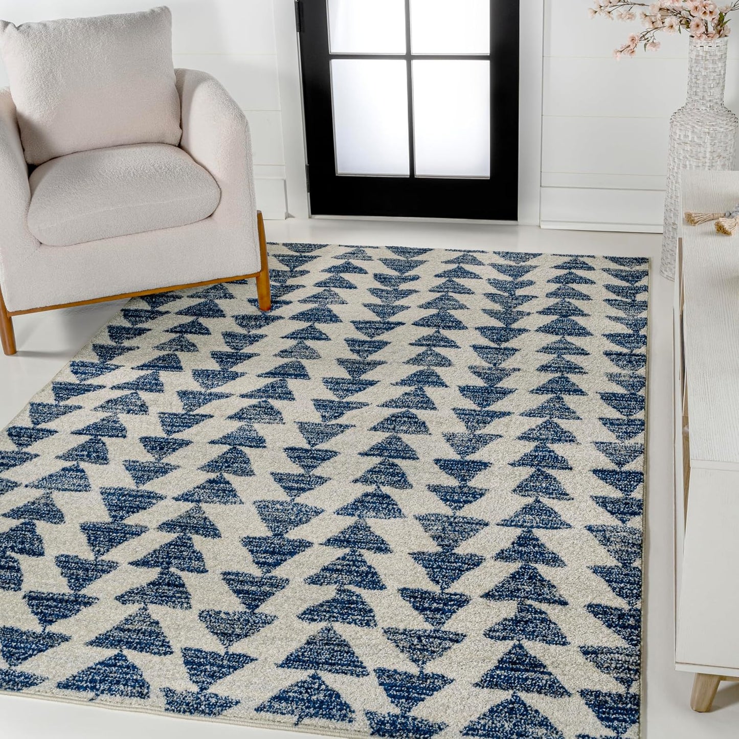 Alfombra marroquí triangular crema/azul 5x8ft contemporánea