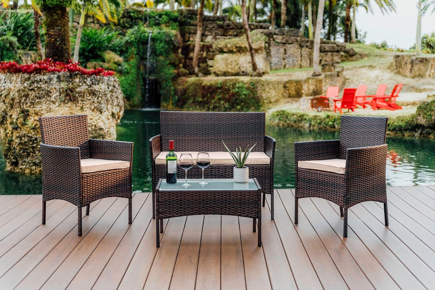 Set 4 Pzas Muebles Mimbre Patio Silla Mesa Cristal Marrón