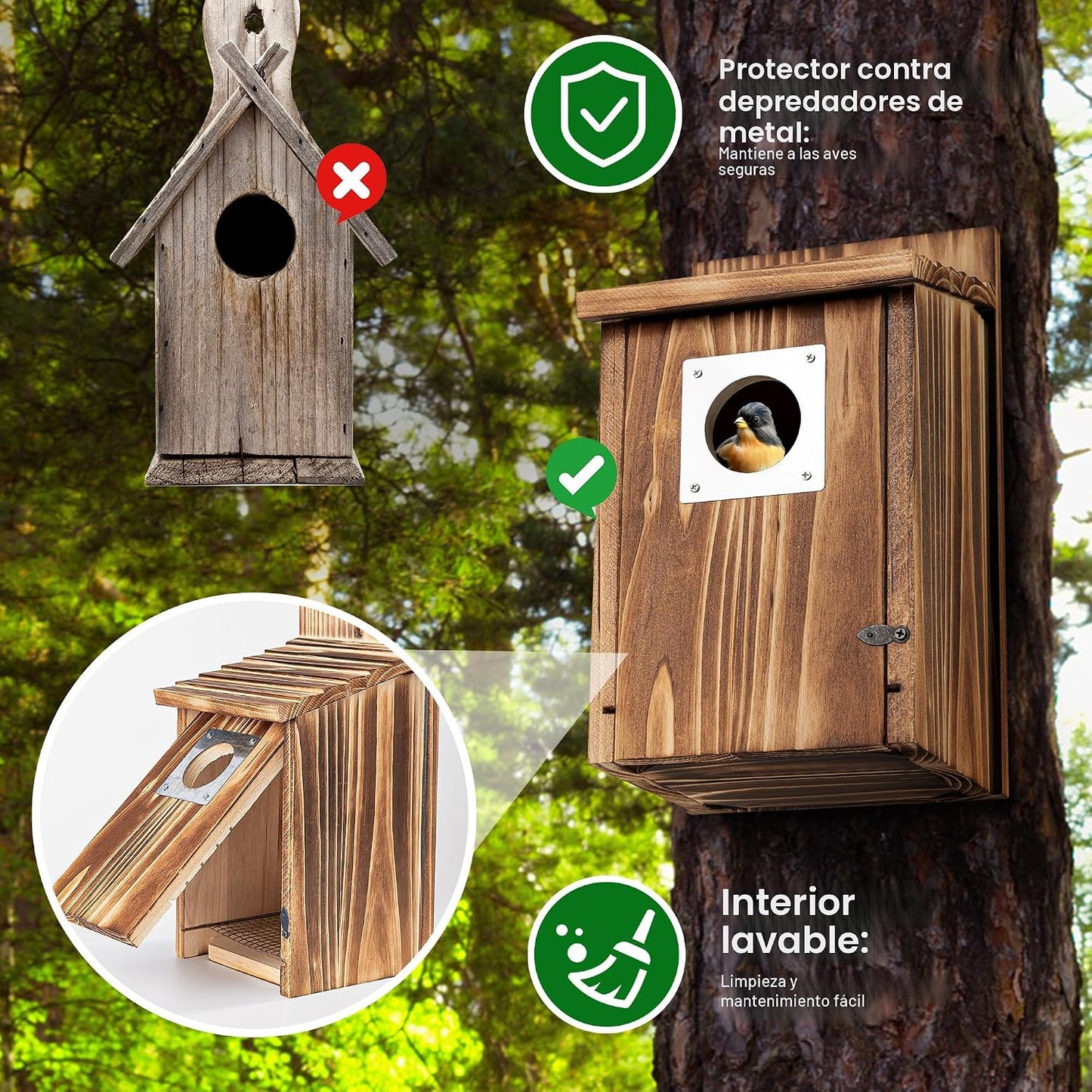 Casas pájaros exteriores protector metal caja madera