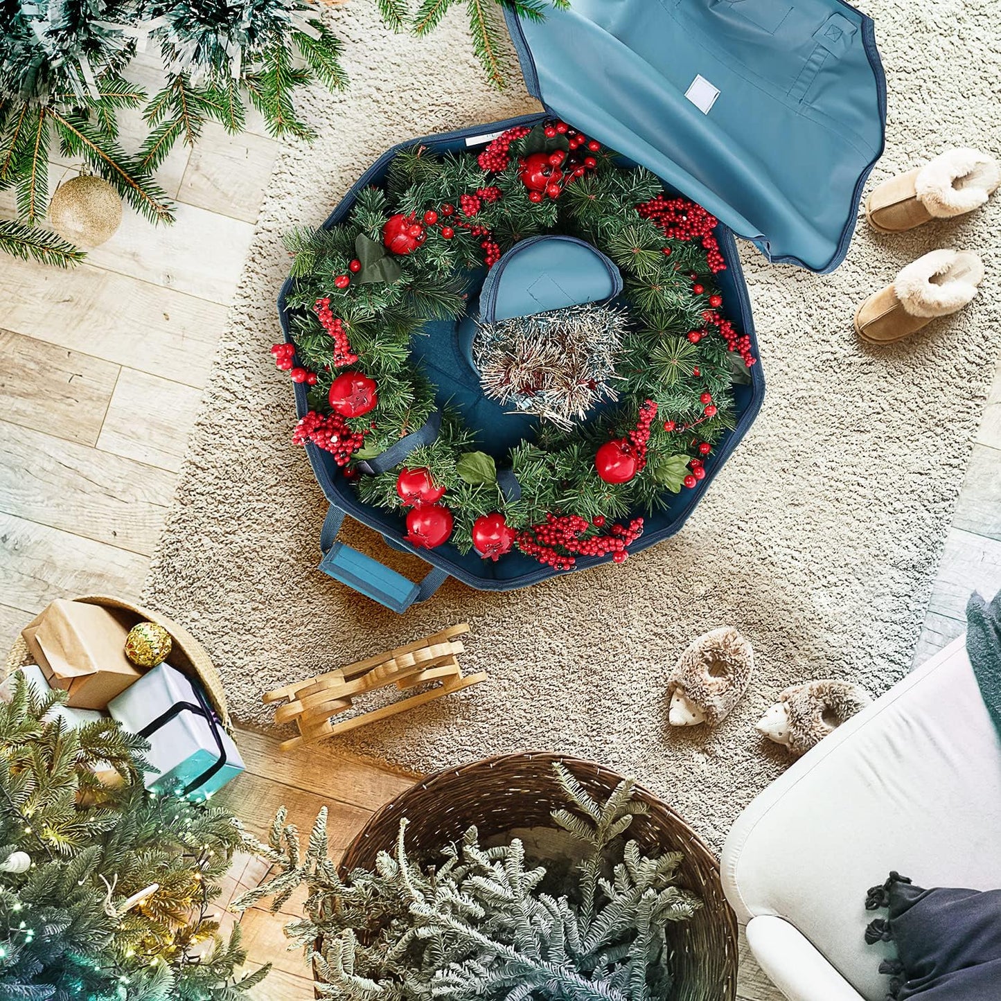 Bolsa Navidad rígida con bolsillos doble cremallera 30" azul