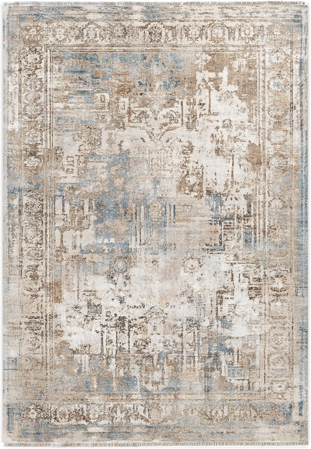 Alfombras felpilla antiderrap vintage pelo bajo beige-azul