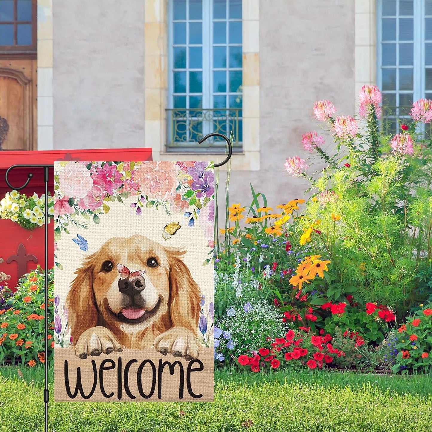 Bandera jardín doble cara 12x18pulg mariposa golden retriever
