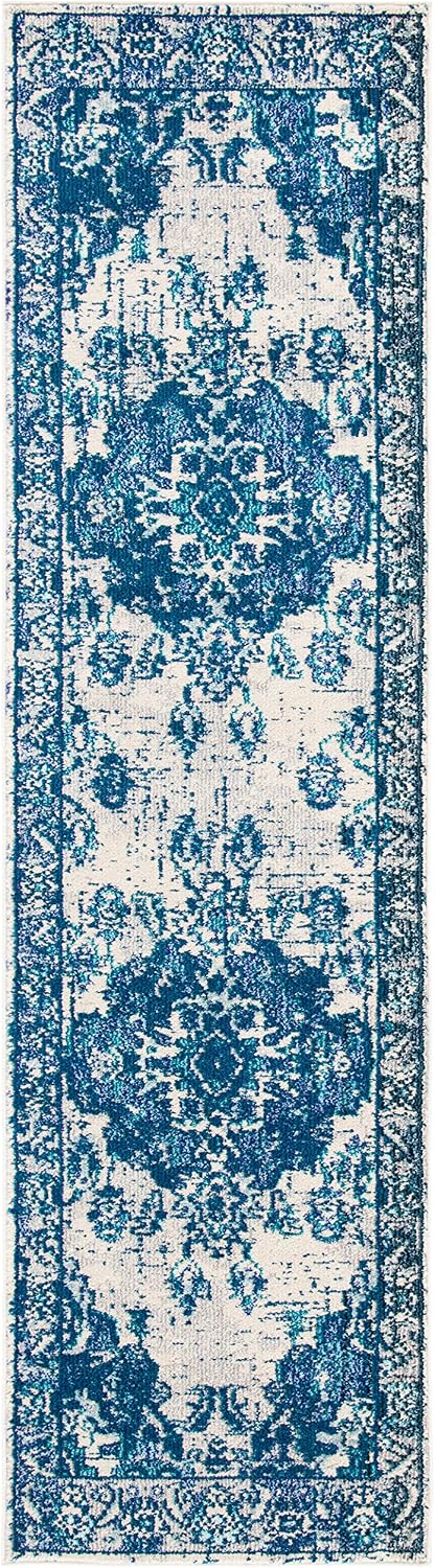 Alfombra pasillo 2'2x6' color marfil y azul medallón
