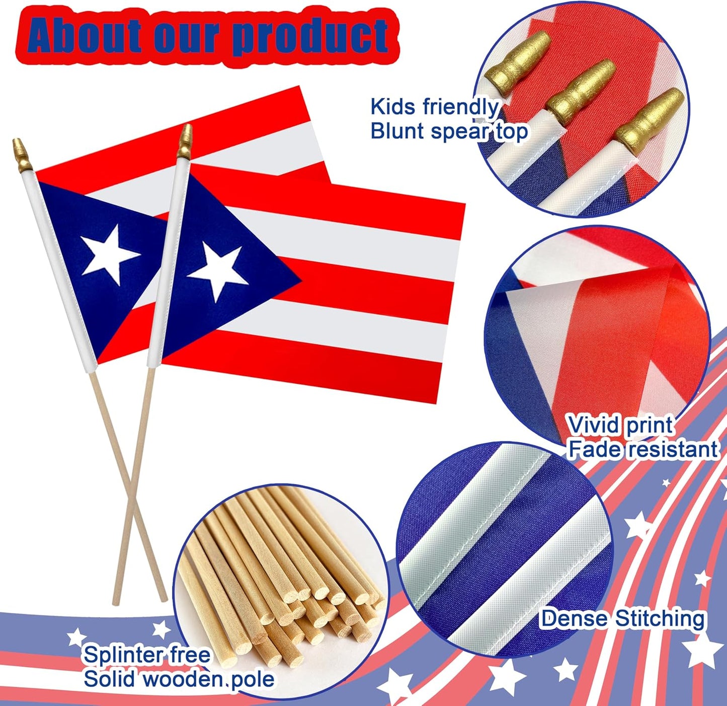 12 Banderas Puerto Rico 8x12" en Palo Madera Mini Decoración
