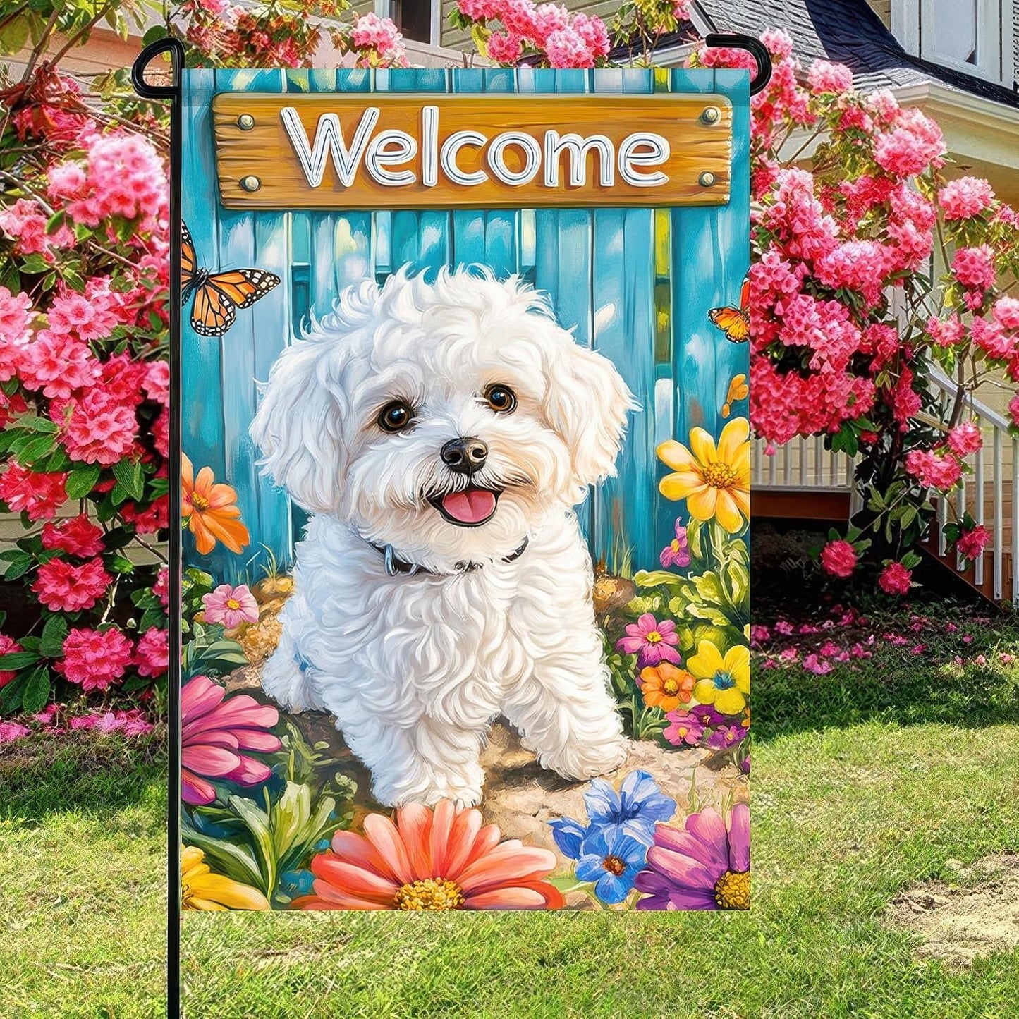 Bandera jardín doble cara 12x18pulg cachorro mariposa