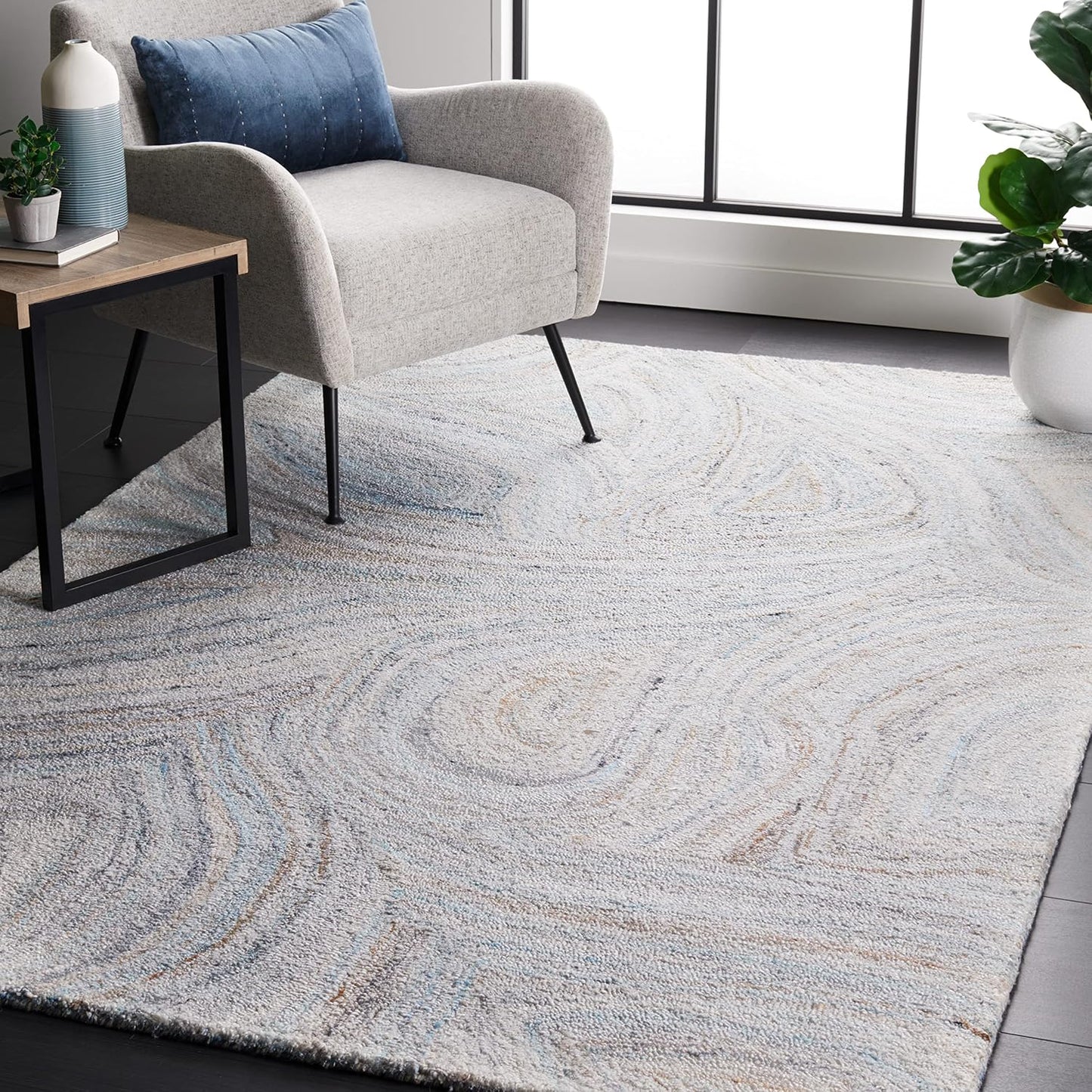 Alfombra decorativa 4x6ft beige y azul lana hecha a mano