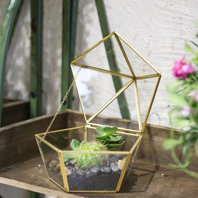 Joyero terrario pentágono vidrio transparente tapa dorada
