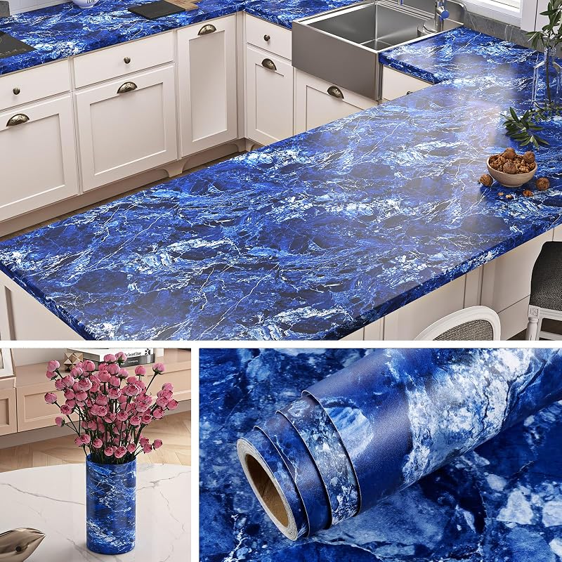 Papel tapiz mármol azul 15.8x394" impermeable encimeras