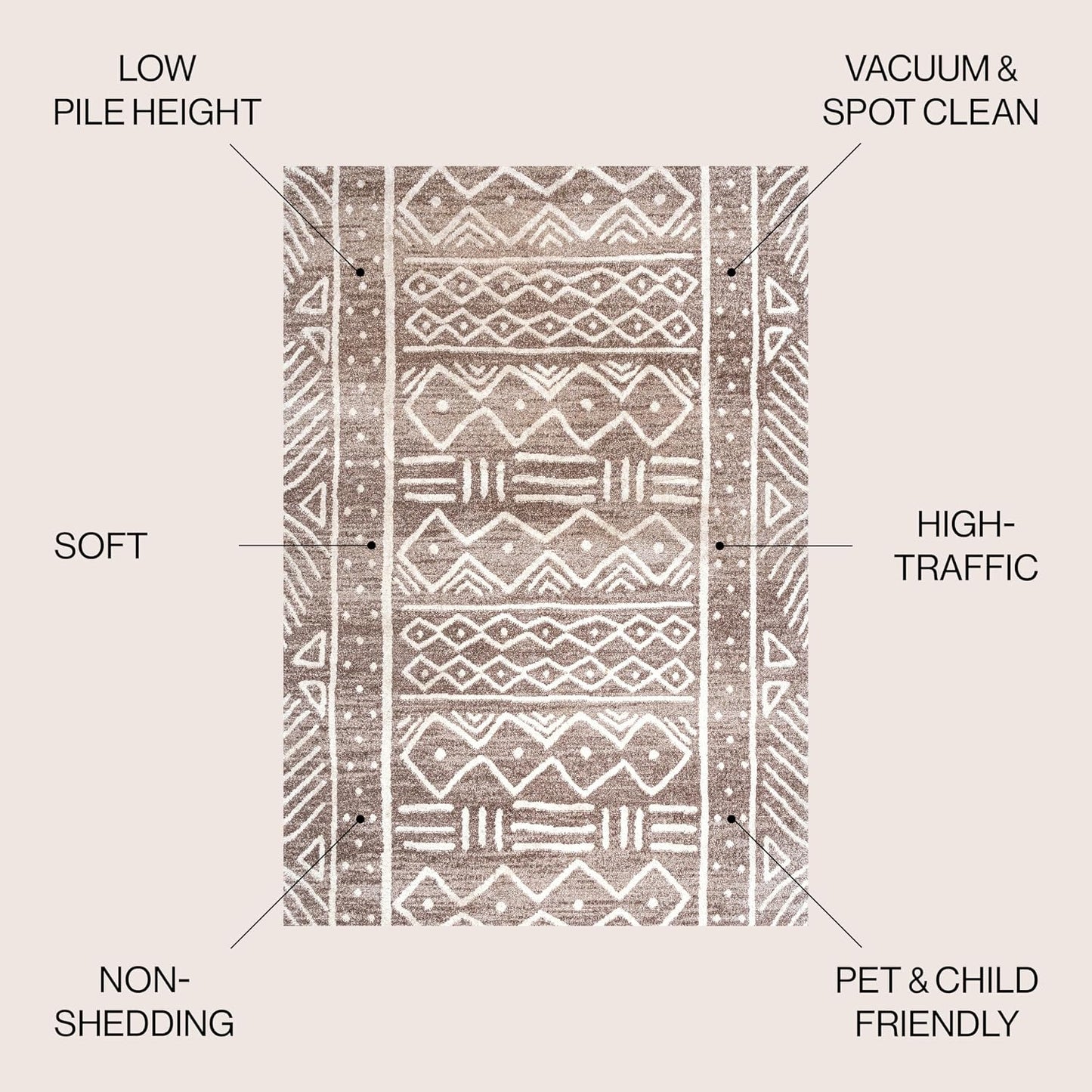 Alfombra tribal geométrica 3x5 marrón/marfil apta mascotas