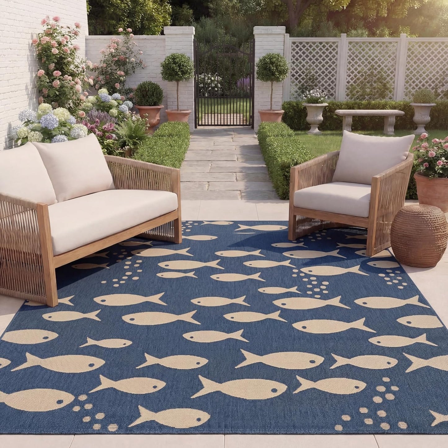 Alfombra lavable exterior 9x12ft azul beige CY6012-233