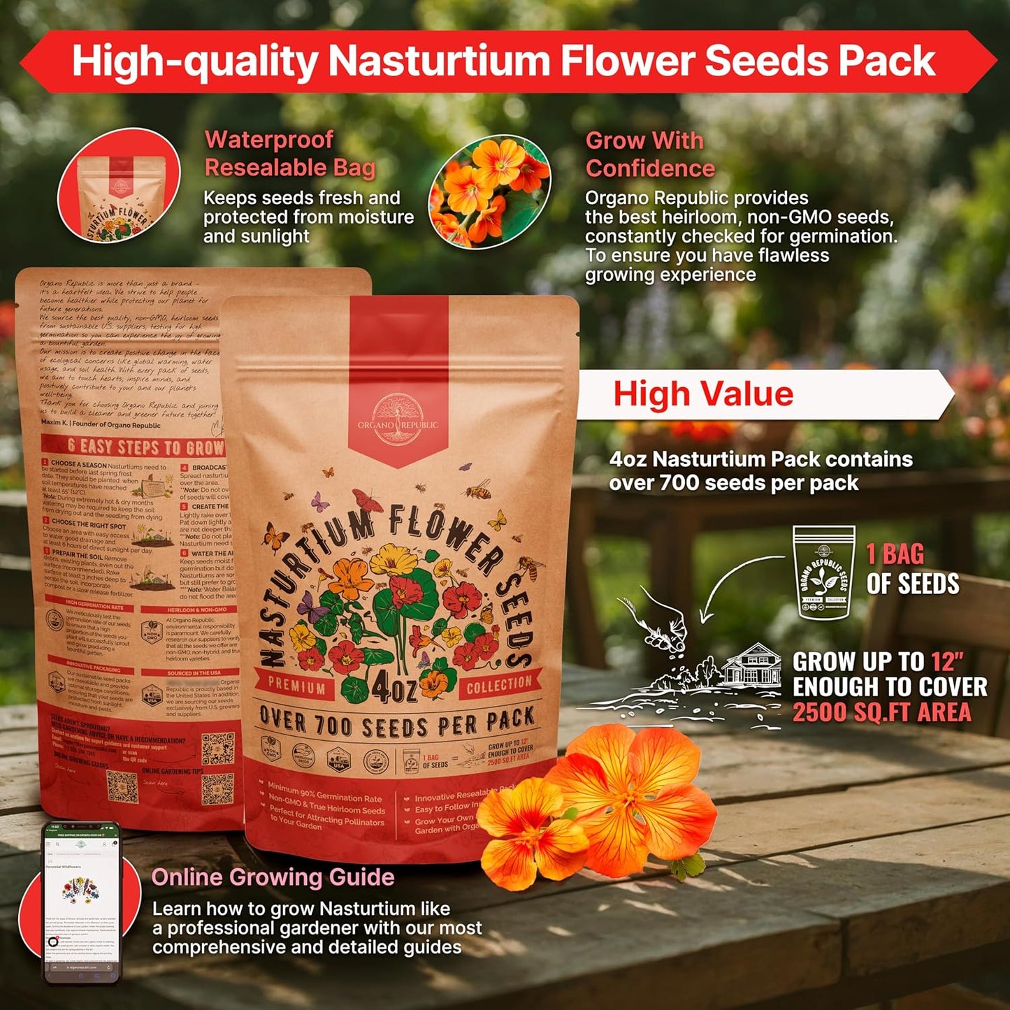 Pack 4oz semillas Nasturtium 700uds comestibles