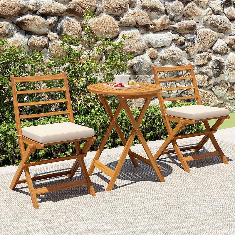 3 Pzas Sillas Plegables Acacia Mesa Patio Trasero Blanco