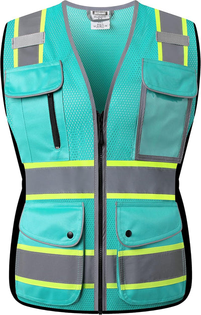 Chaleco seguridad malla pavo real 9 bolsillos cremallera XL