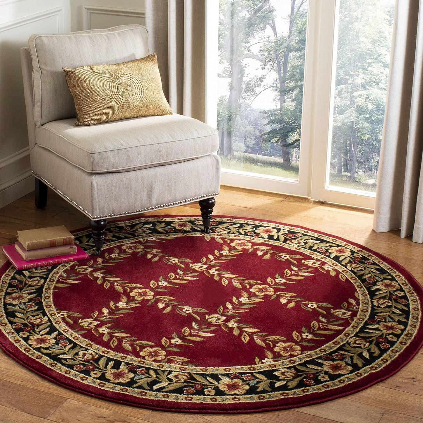 Alfombra redonda 5ft3pulg diseño enrejado floral rojo y