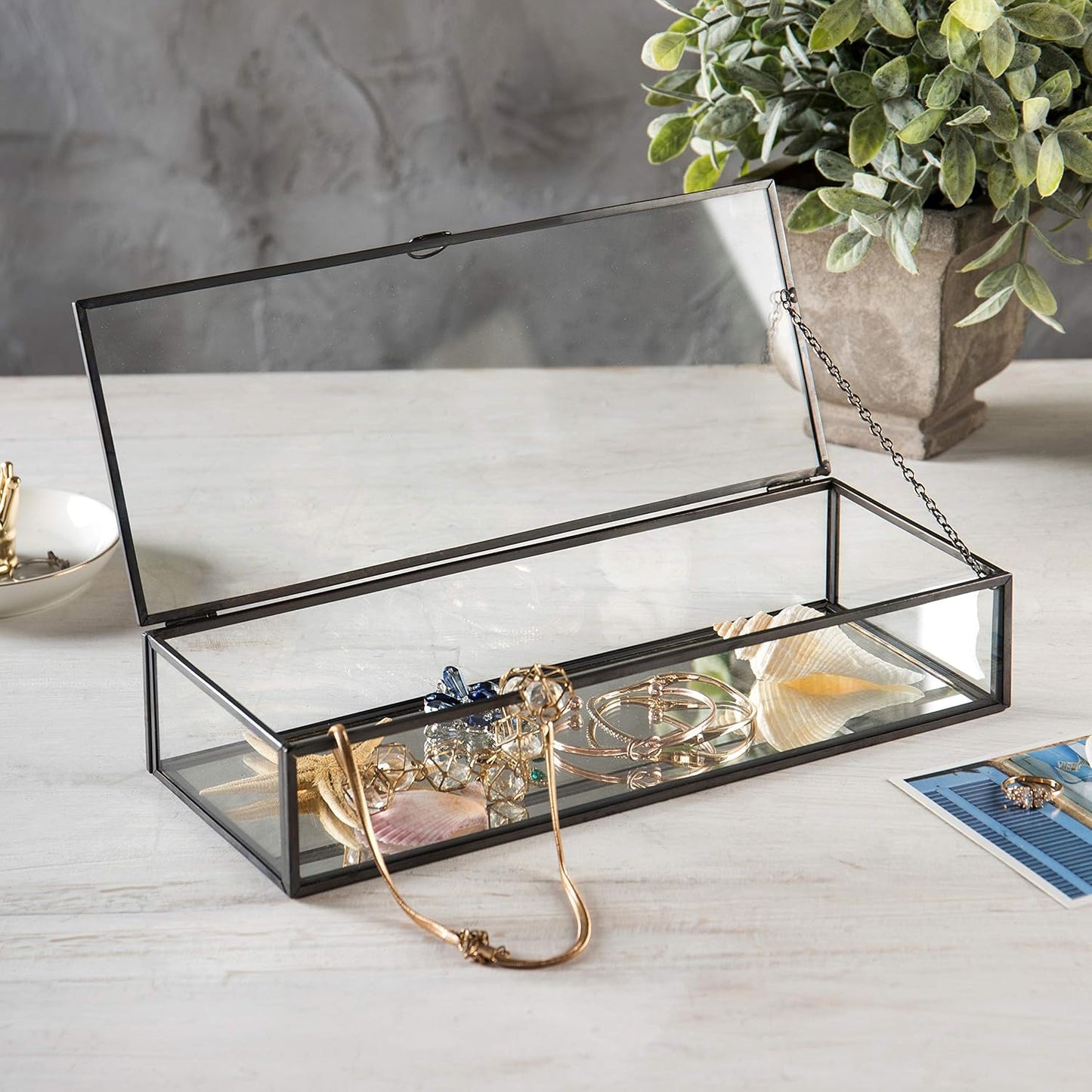 Joyero cristal vintage metal negro con tapa bisagra