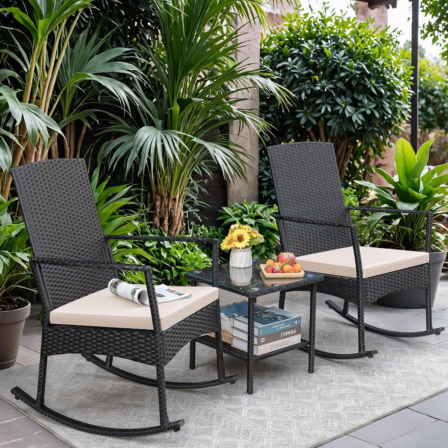 Set 3 Pzas Sillas Mimbre Mesa Vidrio Jardín Beige