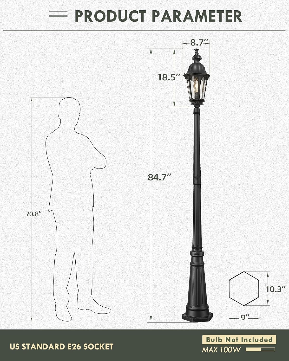 Luces poste exterior aluminio 85pulg vidrio sembrado negro