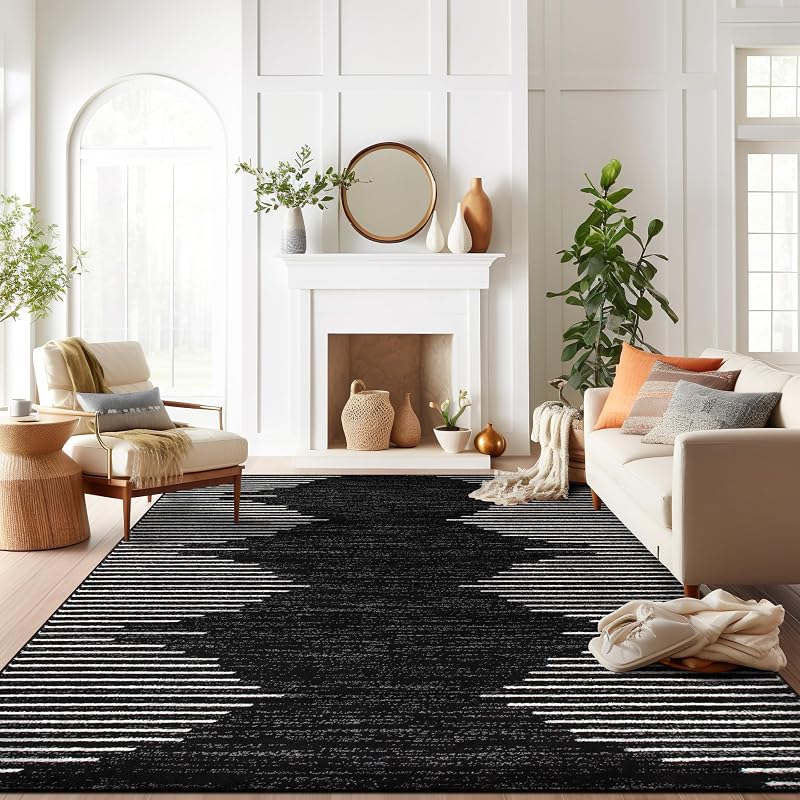 Alfombra bohemia rayas resistente manchas 8x10ft color negro