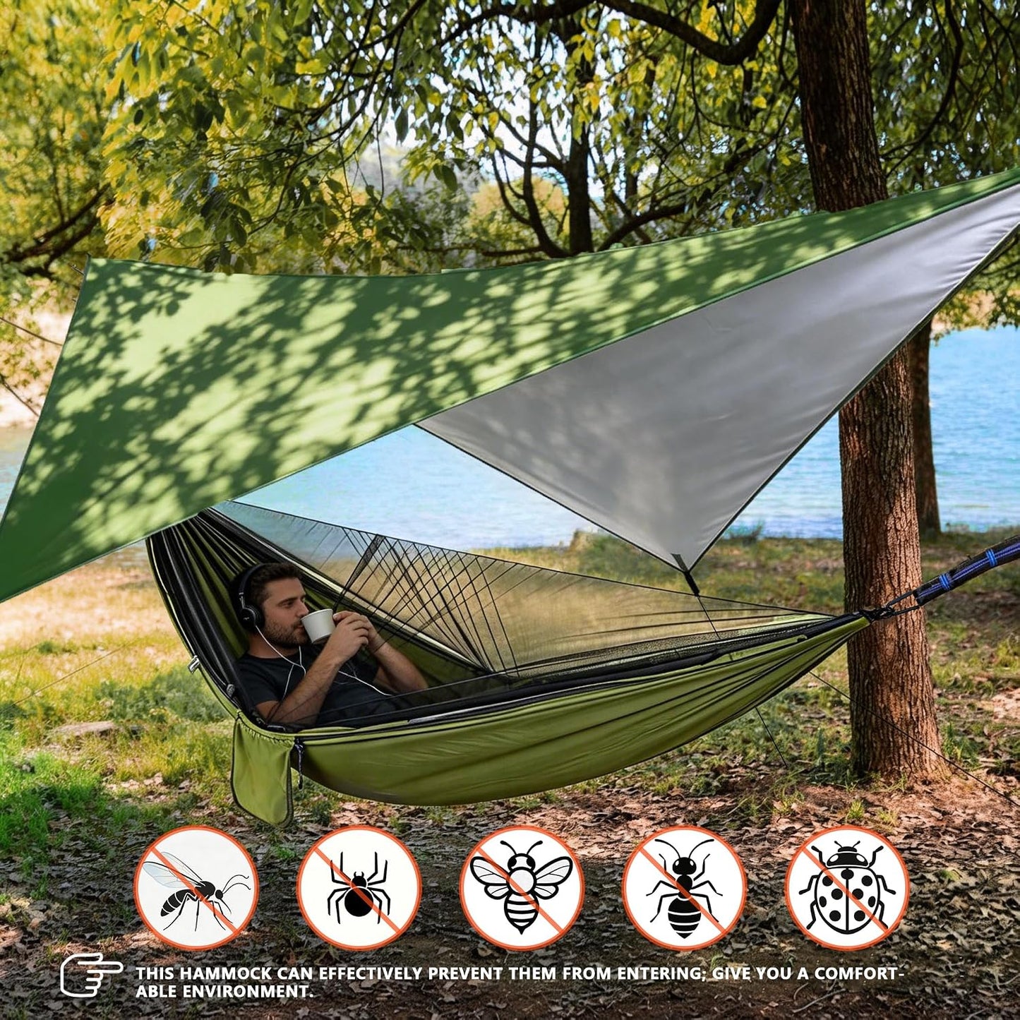 Hamaca camping con mosquitera y paracaídas impermeable