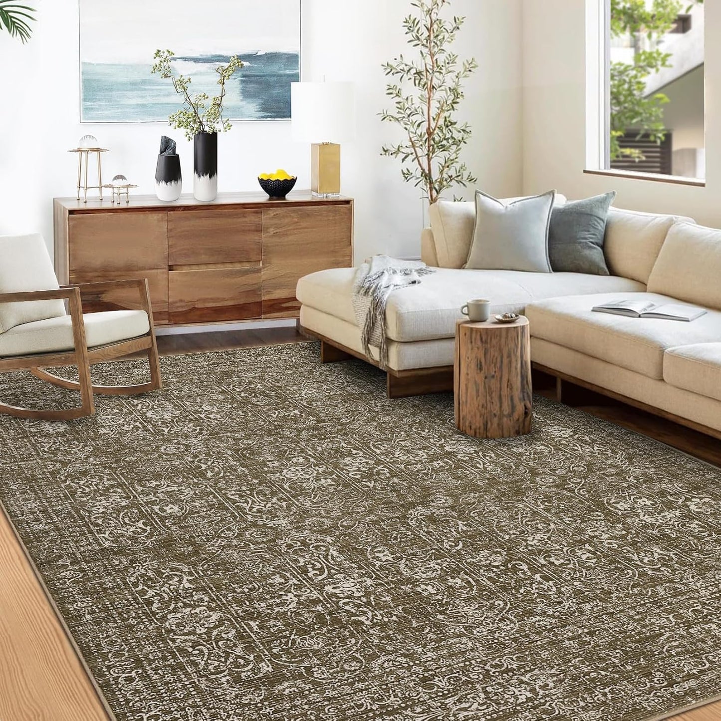 Alfombra lavable 8x10ft para sala estilo vintage antiderrap