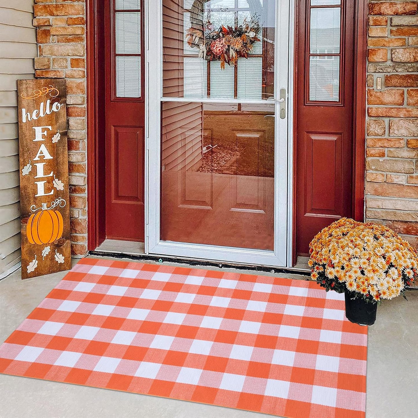 Alfombra cuadros estilo granja 4x6ft naranja y blanco
