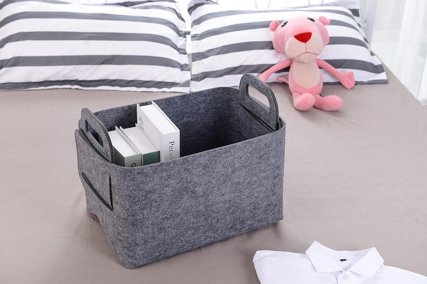 Cesta fieltro plegable con asas para oficina y dormitorio