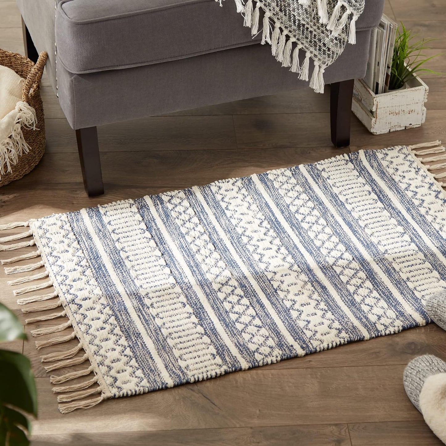 Alfombras tejidas a mano pelo largo 2x3ft rayas azul