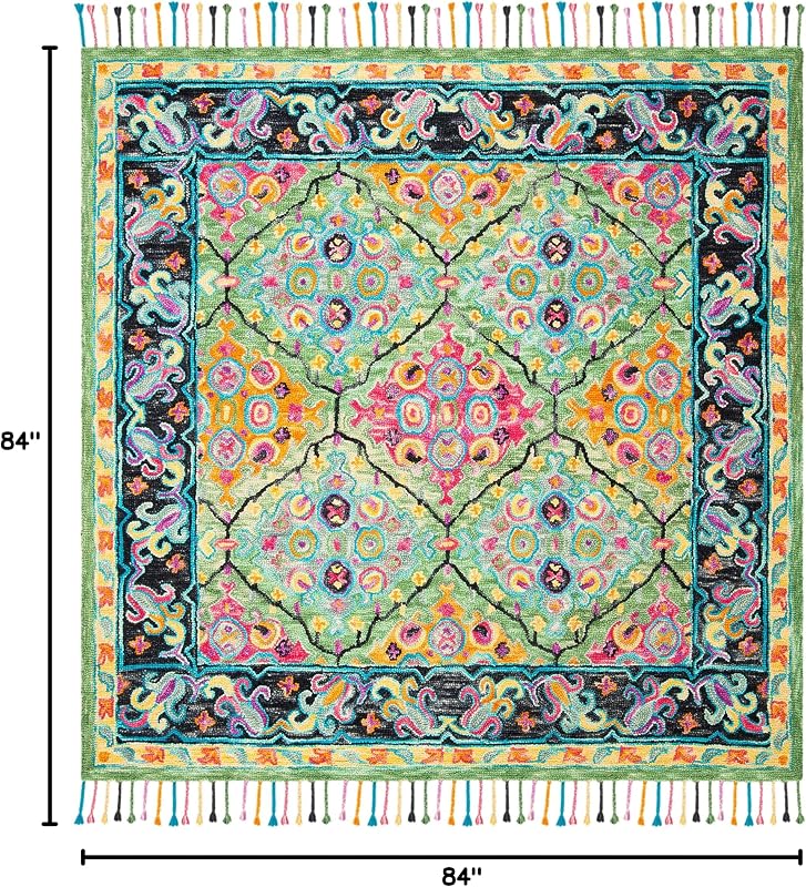 Alfombra cuadrada 7ft lana trenzada con borlas verde y negro