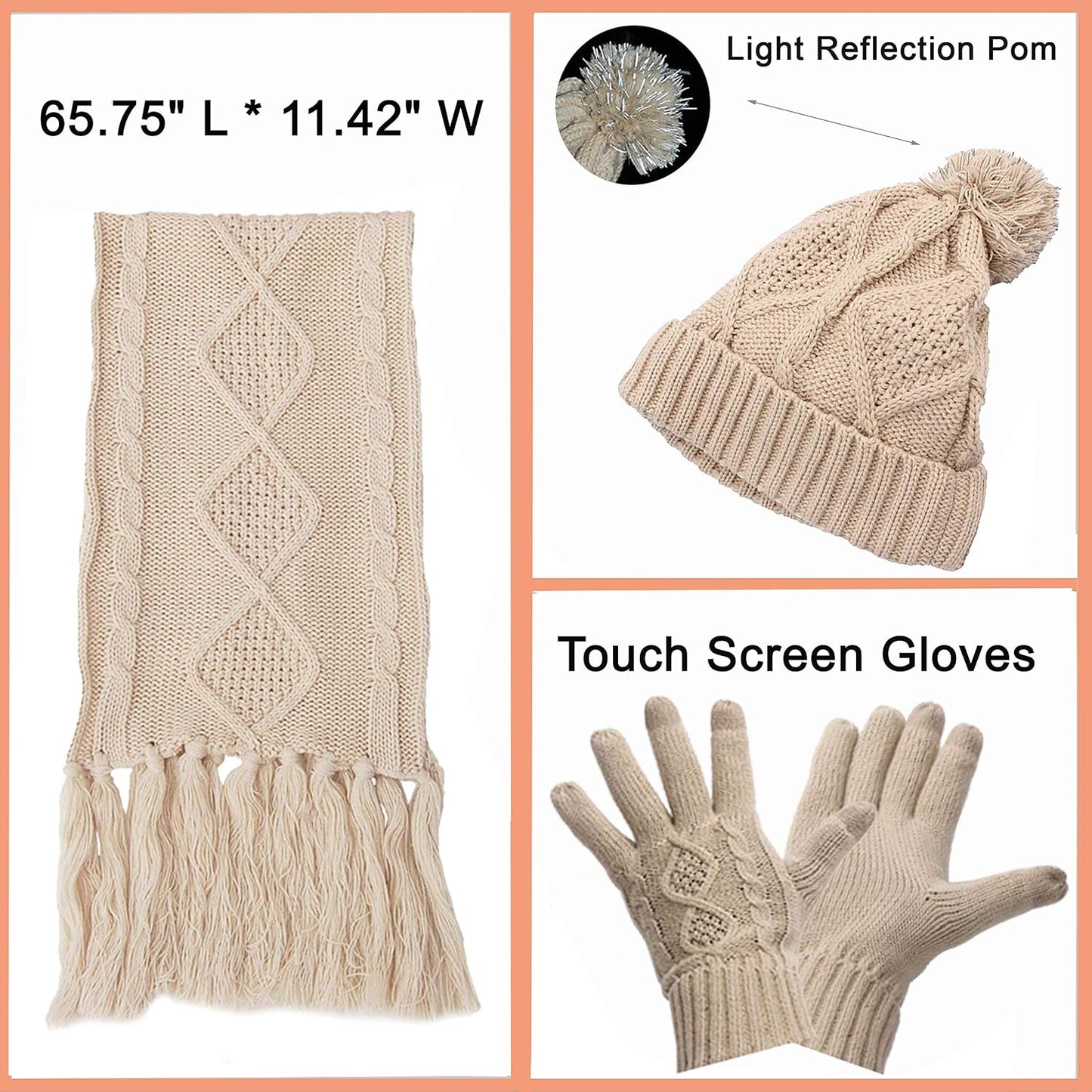 Set 3 Pzas Gorro Bufanda Mujer Hombre Invierno