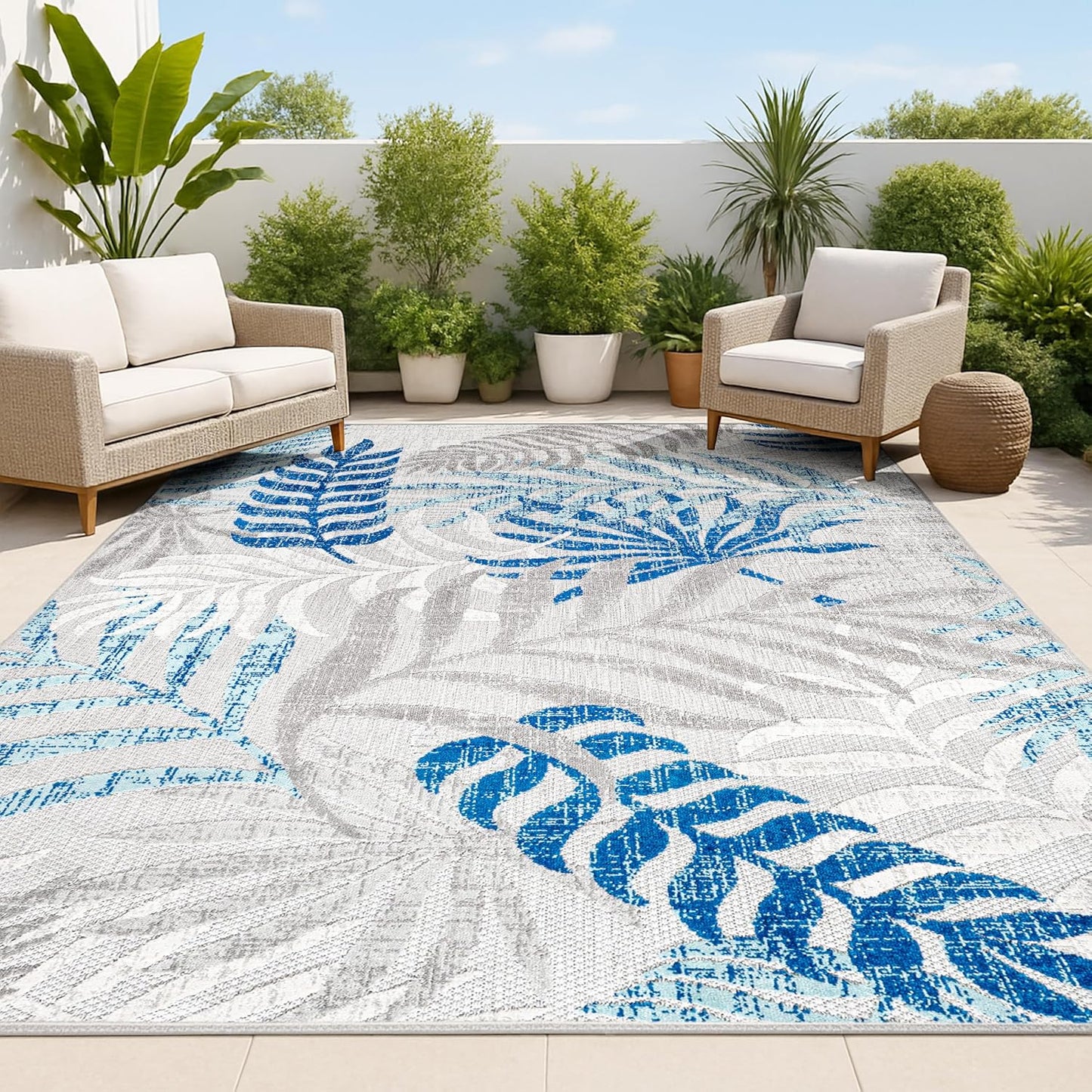 Alfombra diseño hojas palmera 3x5ft gris/azul