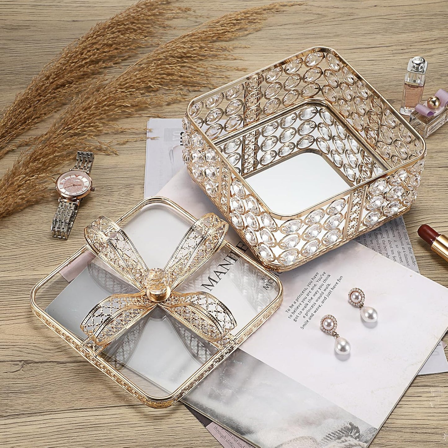 Caja joyas dorada con espejo soporte anillos aretes collares