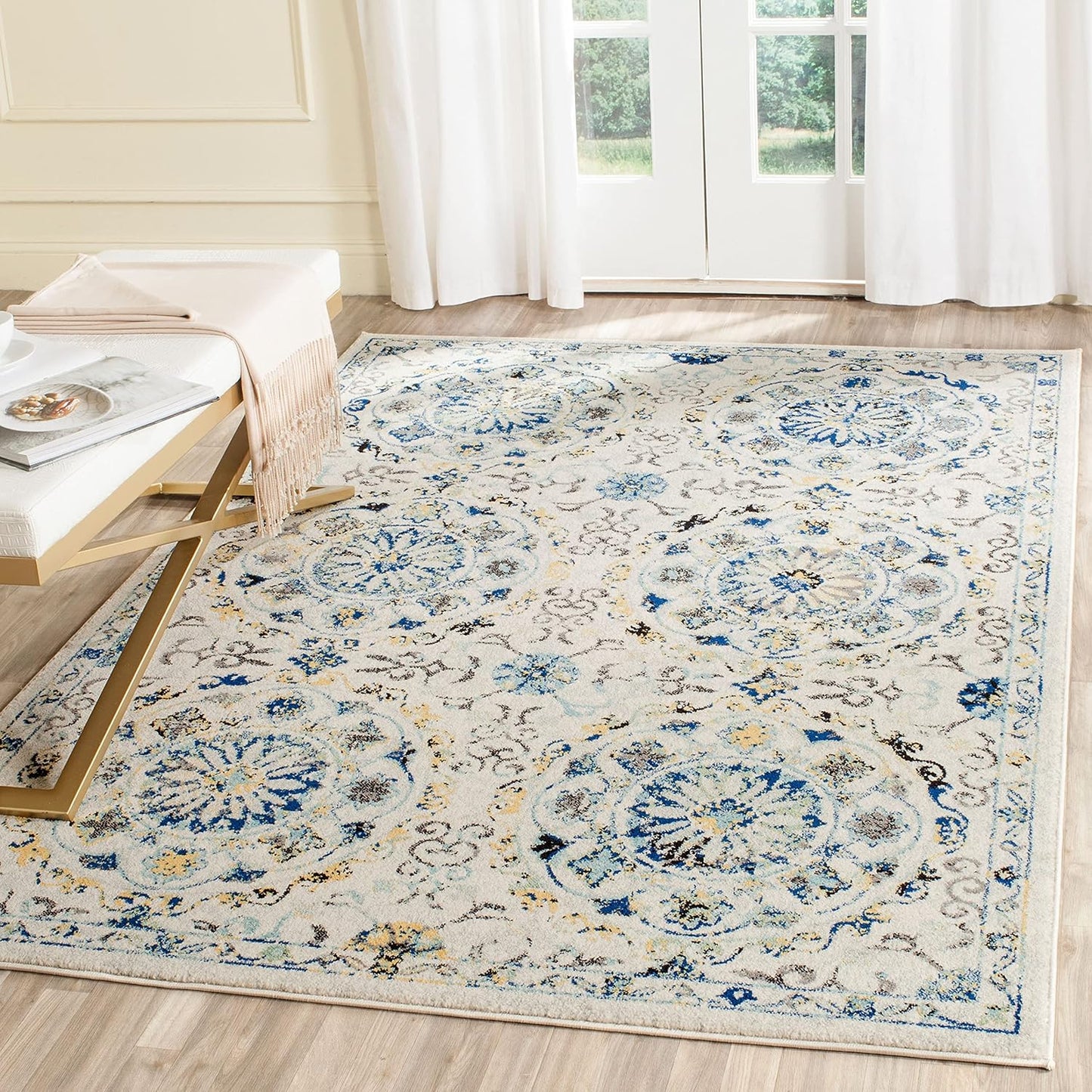 Alfombra decorativa 3x5ft diseño bohemio marfil y azul