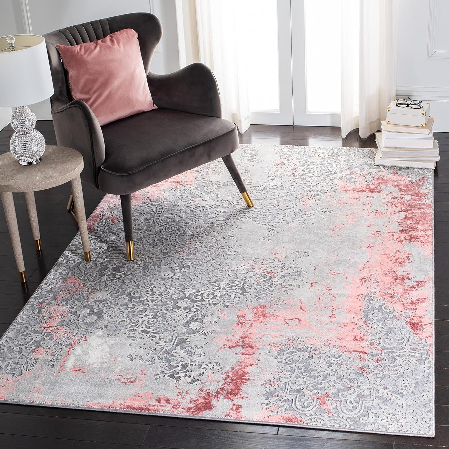 Alfombra moderna abstracta 3x5ft gris claro y rosa