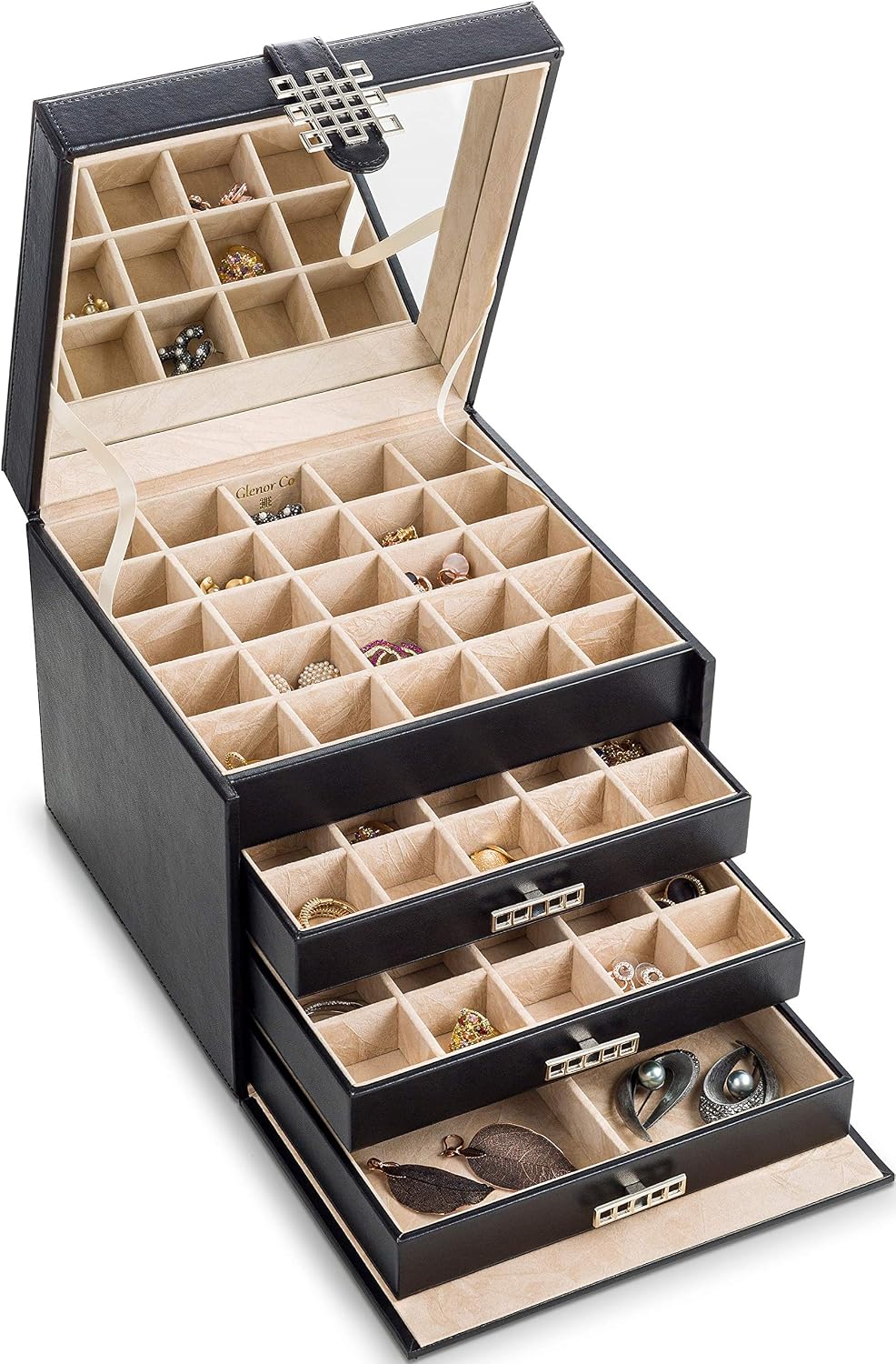 Organiz. aretes 75 ranuras caja joyería piel sintética negro