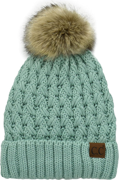 Gorro mujer punto trenzado grueso con pompón forro polar