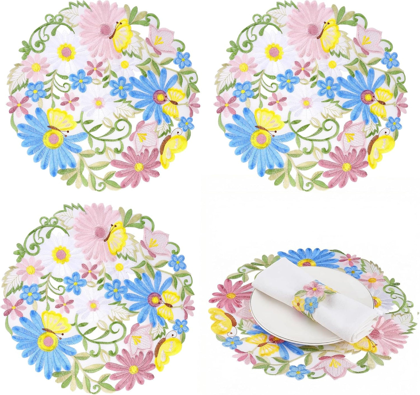 Manteles individuales redondos de primavera Ishua con bordado floral