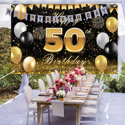 Cartel cumpleaños 50 negro dorado purpurina para fotos y fiestas
