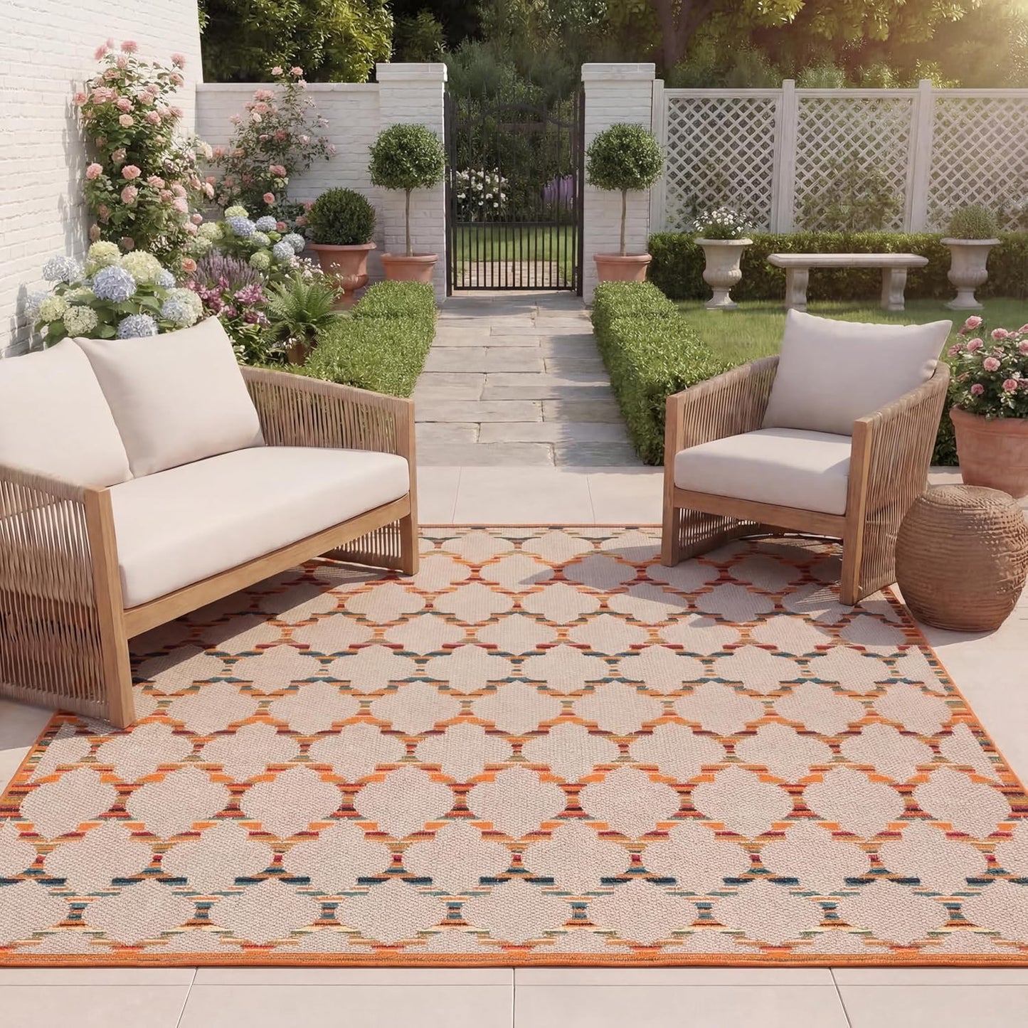 Alfombra exterior lavable 9x12ft marfil y naranja