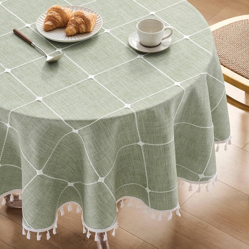 Mantel cuadros bohemio borlas verde 60pulg redondo