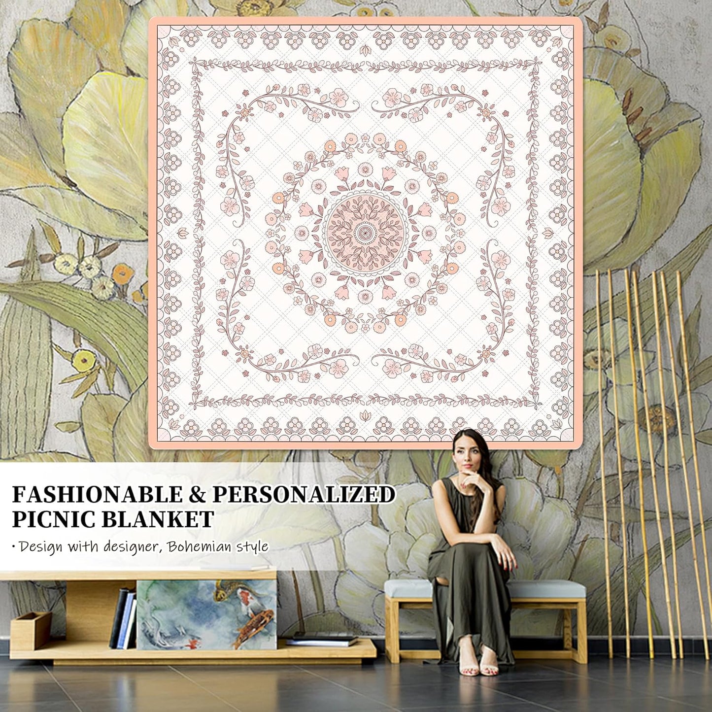 Tapete picnic bohemio 79x79" manta al aire libre plegable