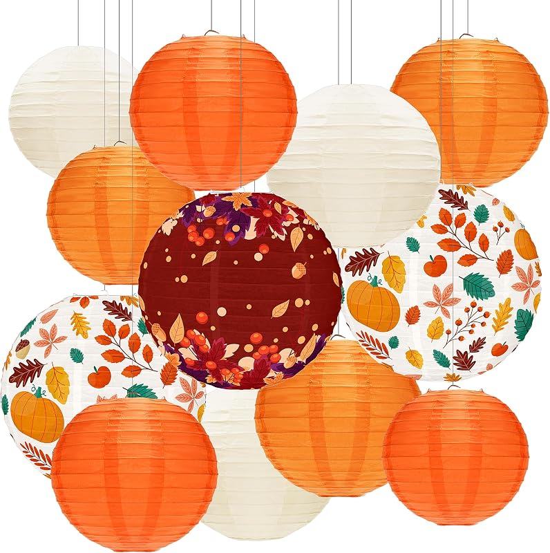 12 Pzas Linternas Papel Otoño Naranja Decoración Fiesta