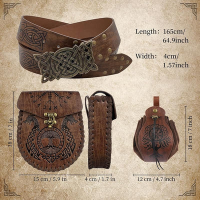 3 Pzas Bolsas Cinturón Hebilla Vikinga Piel Sintética Marrón