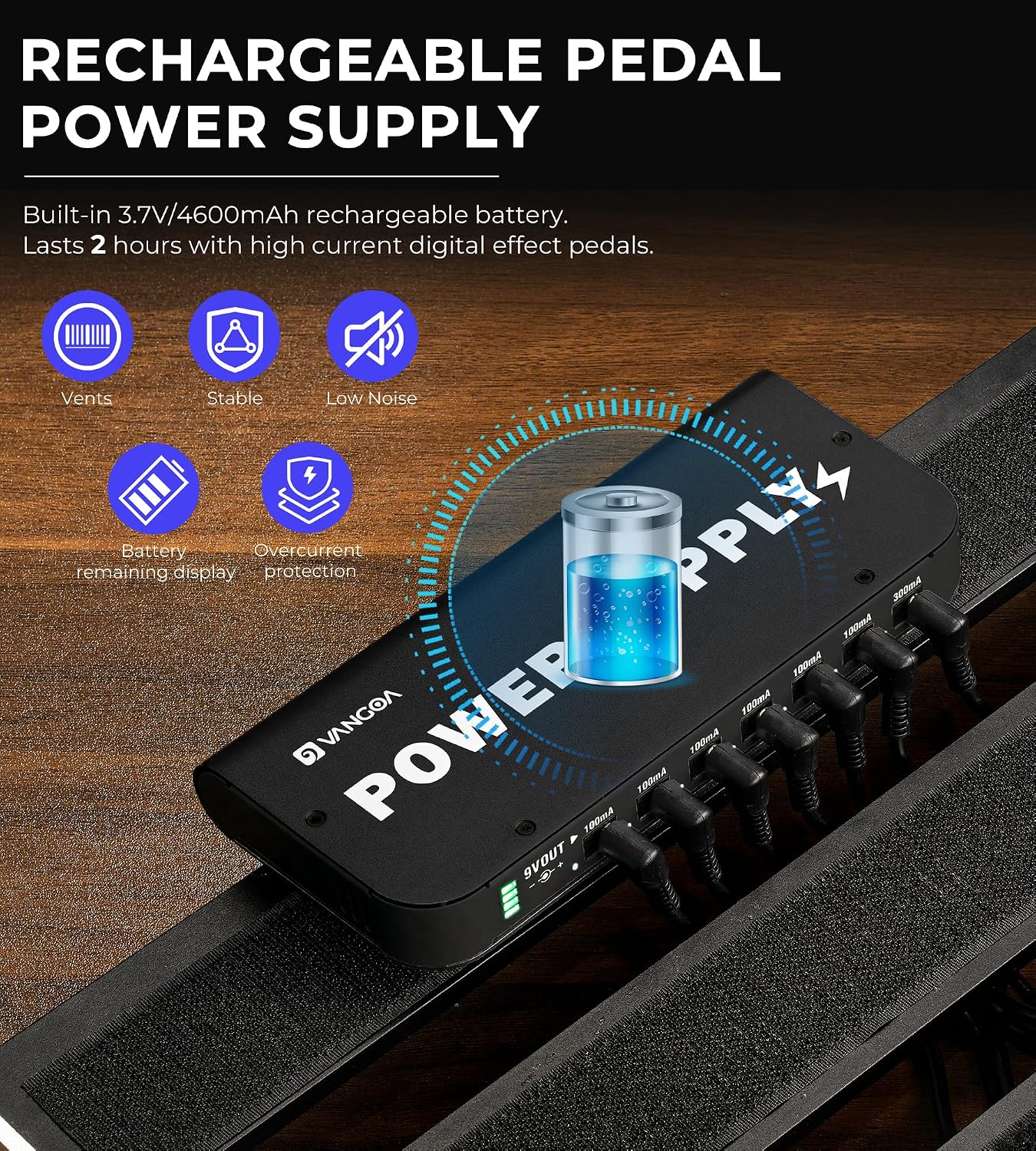 Fuente pedal guitarra recargable 4600 mAh 7 salidas CC 9 V USB 5 V negro