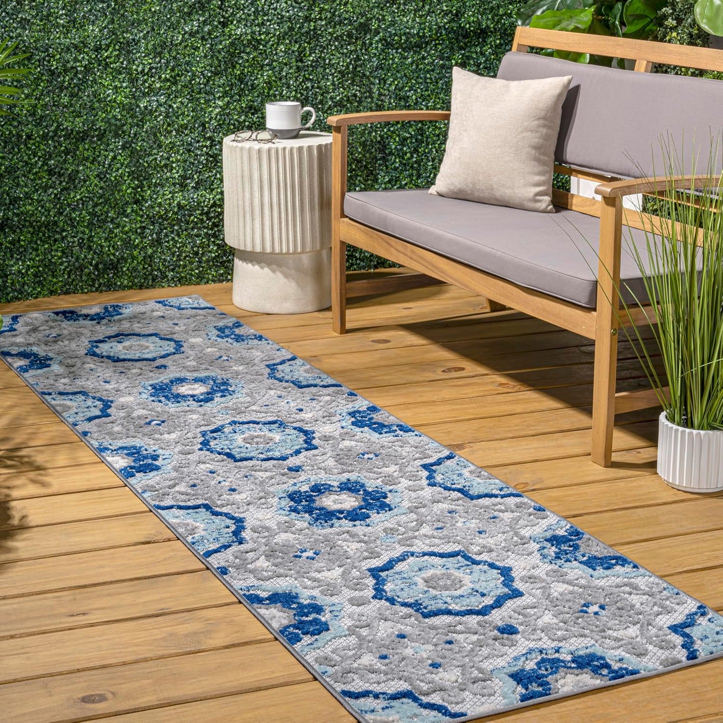 Alfombra pasillo 2x10ft color azul/gris bohemio exterior