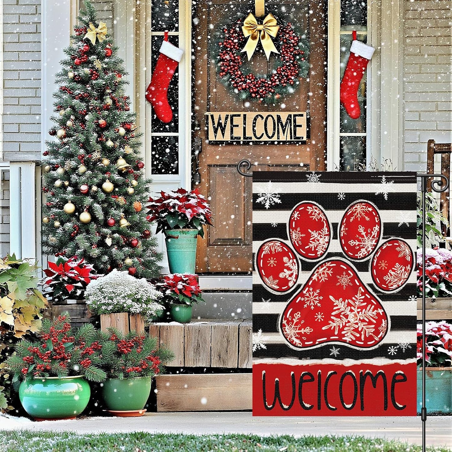 Bandera jardín invierno pata perro 12x18pulg doble cara navidad
