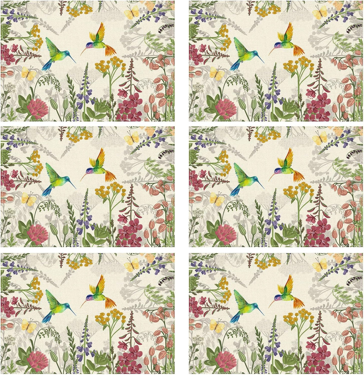 Juego de 6 manteles individuales de primavera con flores silvestres y colibríes