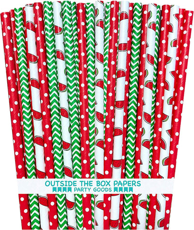Pajitas papel temática sandía rojo blanco verde lunares 100 pzas