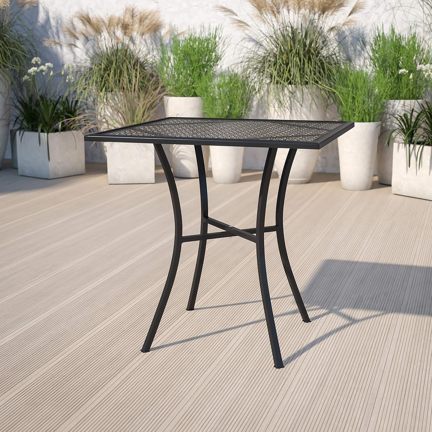 Mesa patio acero comercial 28 cuadrada diseño lluvia negro