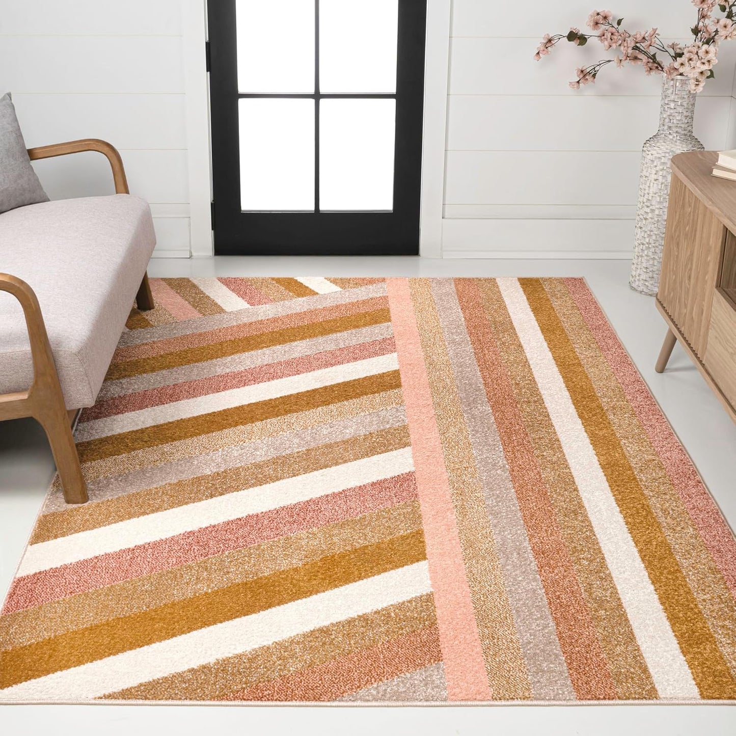 Alfombra retro 5x8ft rayas contemporáneas rojo dorado crema